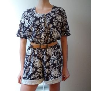 Vintage 80's Romper Short Sleeve Blue Floral Print
